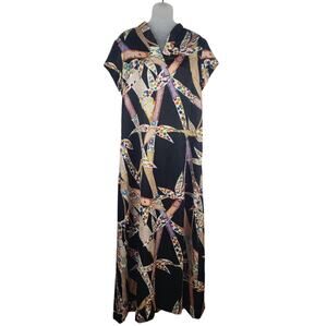 Vintage 60s 70s POMARE Hawaiian Bird of Paradise Bamboo Tiki Maxi Dress Size M/L